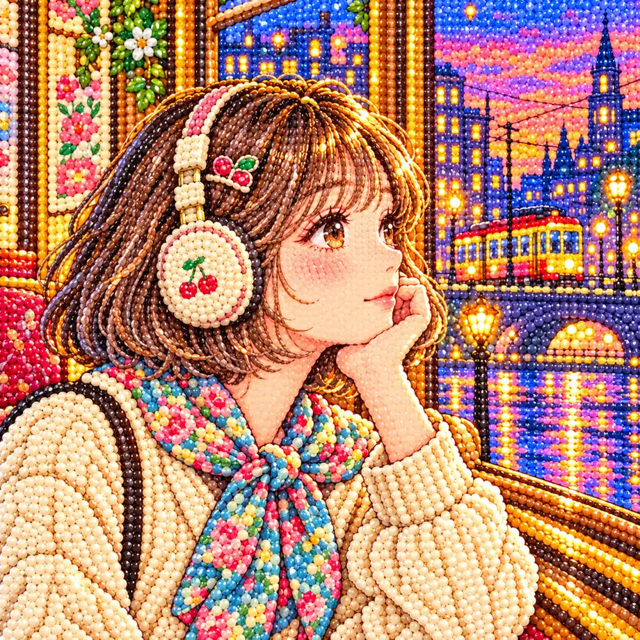 Close-up diamond drill detail of a young woman riding a tram through a glowing city at twilight artwork