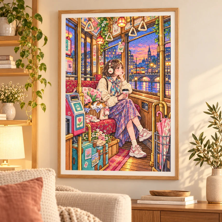 Framed a young woman riding a tram through a glowing city at twilight diamond painting displayed as home decor