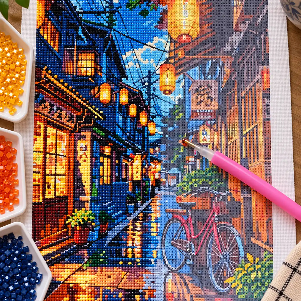 Diamond painting process for Evening Lantern Lane Diamond Painting Kit