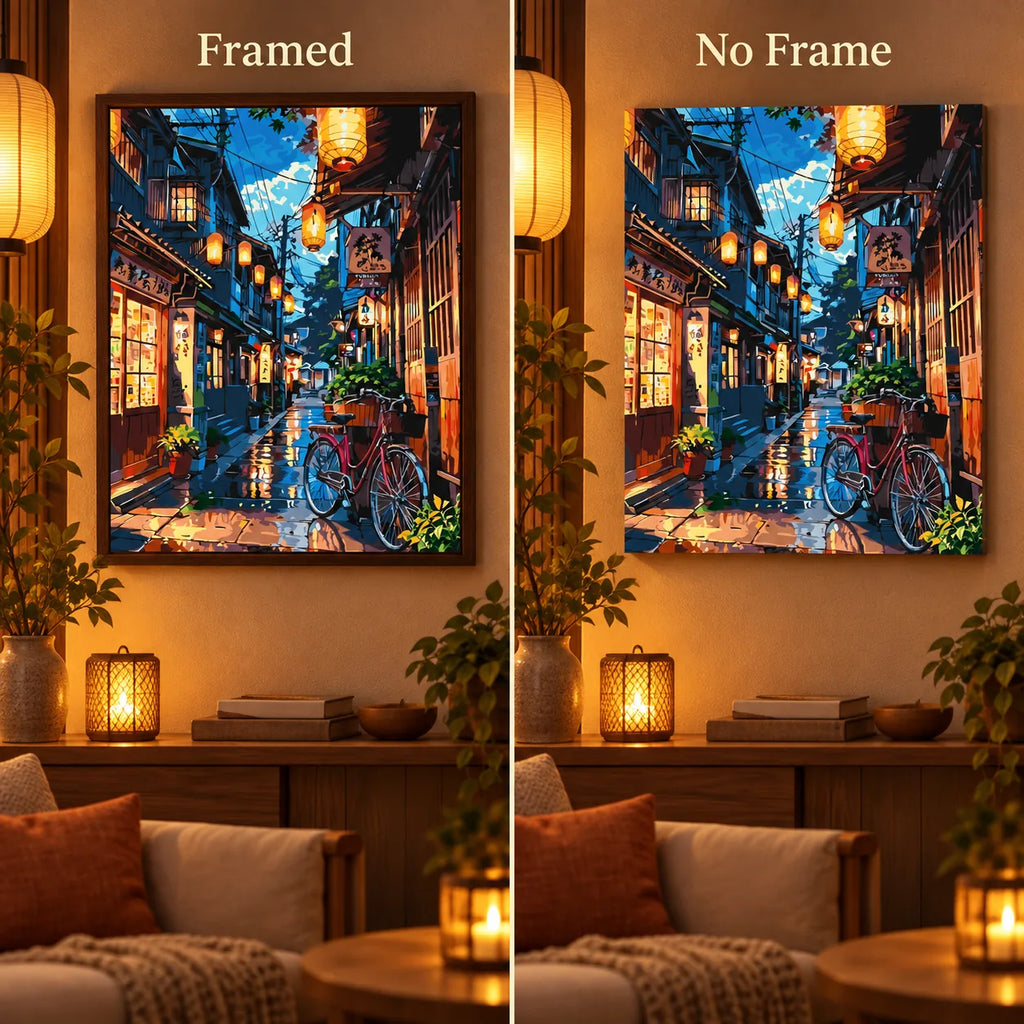 Framed and no-frame comparison for Evening Lantern Lane Diamond Painting Kit