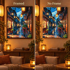 Framed and no-frame comparison for Evening Lantern Lane Diamond Painting Kit