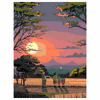 Original artwork for Evening Watchers Diamond Painting Kit, featuring quiet watchers beneath dark trees at sunset over layered mountains.