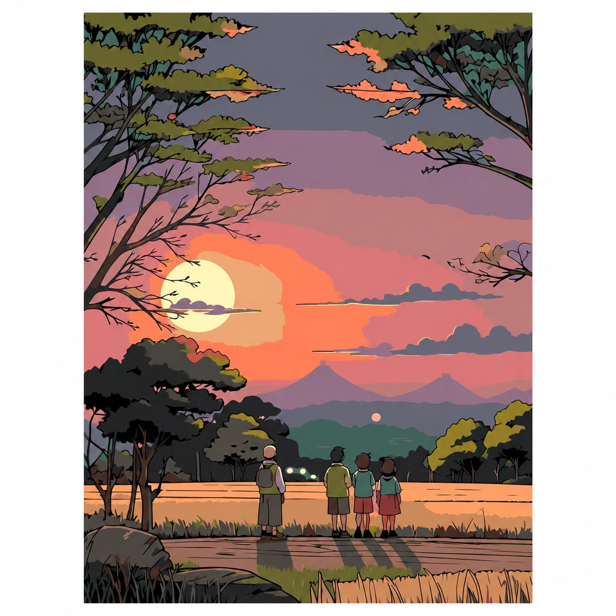 Original artwork for Evening Watchers Diamond Painting Kit, featuring quiet watchers beneath dark trees at sunset over layered mountains.