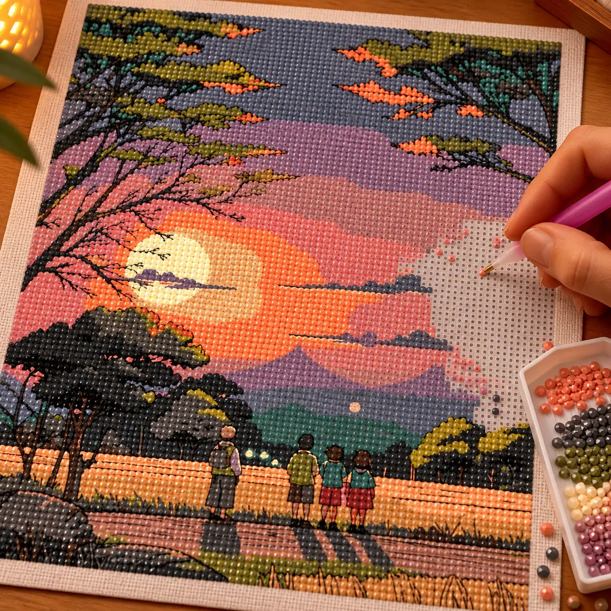 Making the Evening Watchers diamond painting, with hands placing drills over quiet watchers beneath dark trees at sunset over layered mountains.