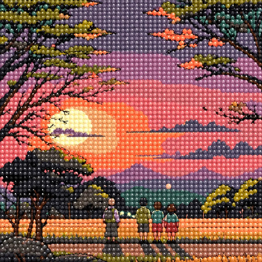 Close-up of drill texture and details in quiet watchers beneath dark trees at sunset over layered mountains.