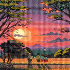 Close-up of drill texture and details in quiet watchers beneath dark trees at sunset over layered mountains.