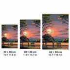 Size guide for Evening Watchers Diamond Painting Kit with 20 × 30 cm, 30 × 40 cm and 40 × 50 cm options.