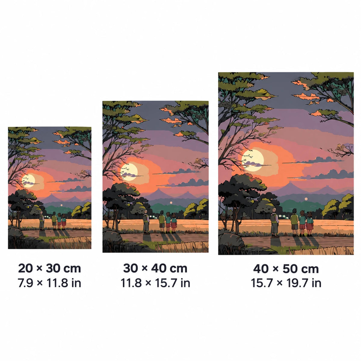 Size guide for Evening Watchers Diamond Painting Kit with 20 × 30 cm, 30 × 40 cm and 40 × 50 cm options.