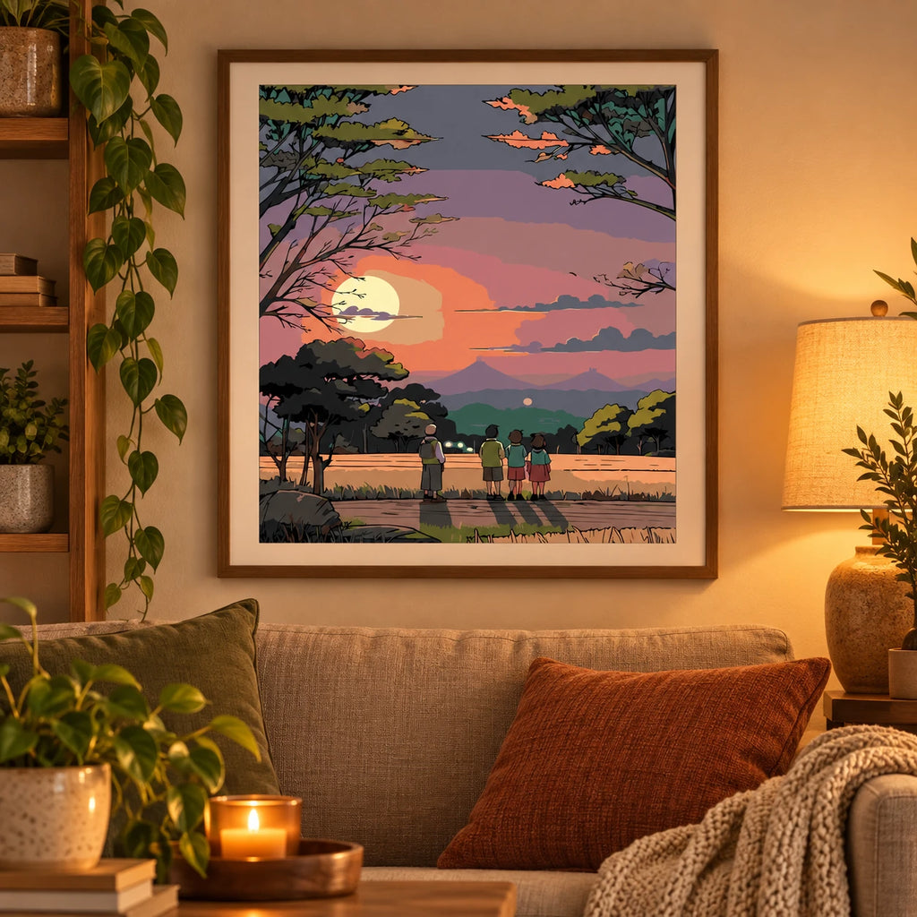 Home decor scene with the Evening Watchers diamond painting featuring quiet watchers beneath dark trees at sunset over layered mountains.