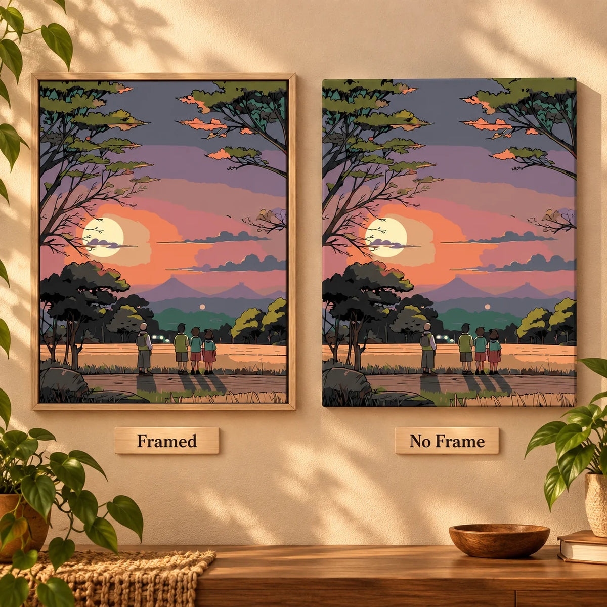 Framed and no-frame comparison for the Evening Watchers diamond painting, featuring quiet watchers beneath dark trees at sunset over layered mountains.