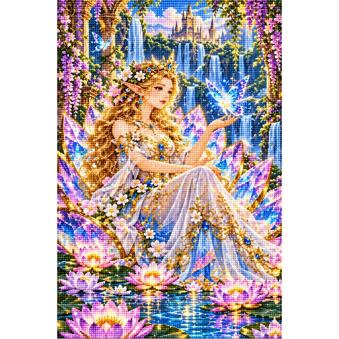Fairy Queen Water Lily Throne finished diamond painting on white