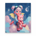 Cute Fantasy Girl with Pink Teddy Bear paint by numbers artwork on a front-facing canvas against a white background