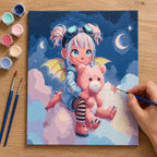 Complete Cute Fantasy Girl with Pink Teddy Bear numbered canvas being painted with acrylic paints and brushes