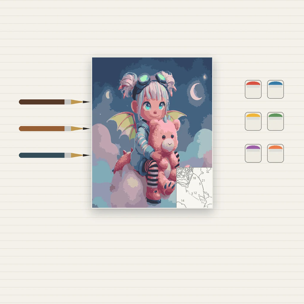 Complete Cute Fantasy Girl with Pink Teddy Bear numbered canvas being painted with acrylic paints and brushes