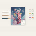 Complete Cute Fantasy Girl with Pink Teddy Bear numbered canvas being painted with acrylic paints and brushes