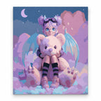 Cute Fantasy Girl with White Teddy Bear paint by numbers artwork on a front-facing canvas against a white background