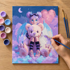 Complete Cute Fantasy Girl with White Teddy Bear numbered canvas being painted with acrylic paints and brushes