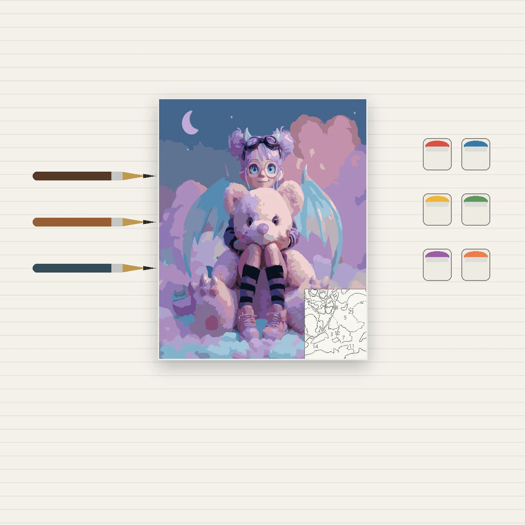 Complete Cute Fantasy Girl with White Teddy Bear numbered canvas being painted with acrylic paints and brushes
