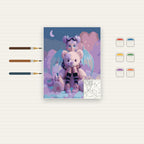Complete Cute Fantasy Girl with White Teddy Bear numbered canvas being painted with acrylic paints and brushes