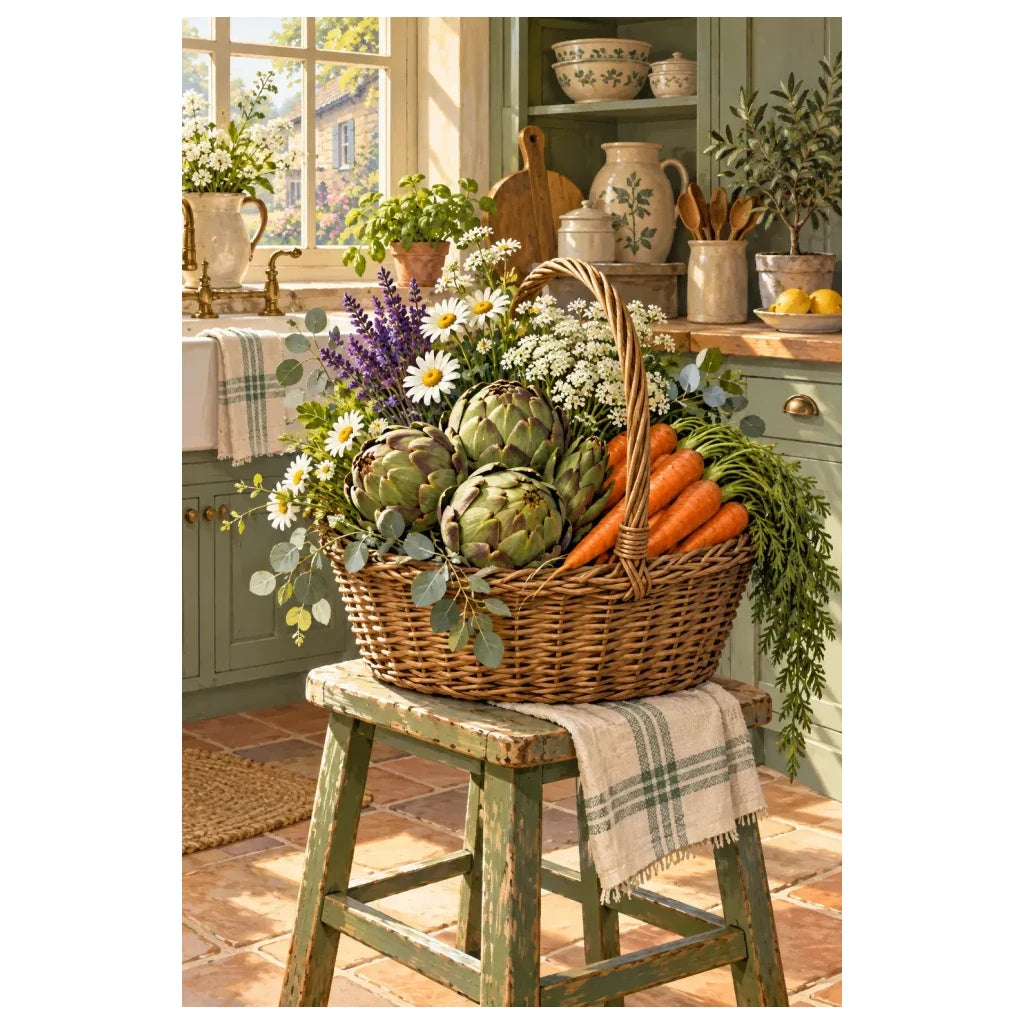 Original white-background artwork of a farmers market basket with artichokes, carrots, and daisies
