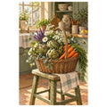 Original white-background artwork of a farmers market basket with artichokes, carrots, and daisies