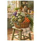 Original white-background artwork of a farmers market basket with artichokes, carrots, and daisies