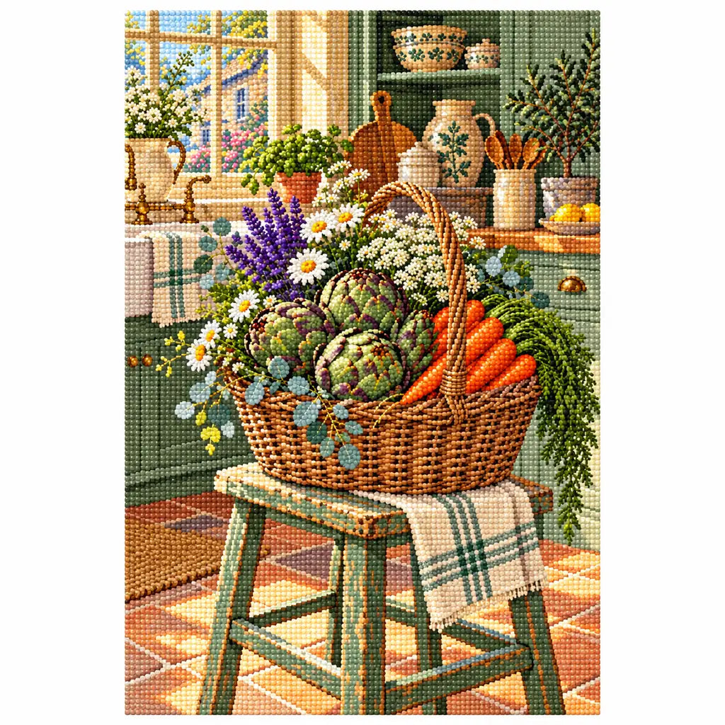 Finished white-background diamond painting of a harvest basket on a stool in a country kitchen