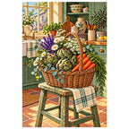 Finished white-background diamond painting of a harvest basket on a stool in a country kitchen