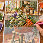 Hands placing drills on the artichoke and carrot harvest basket design