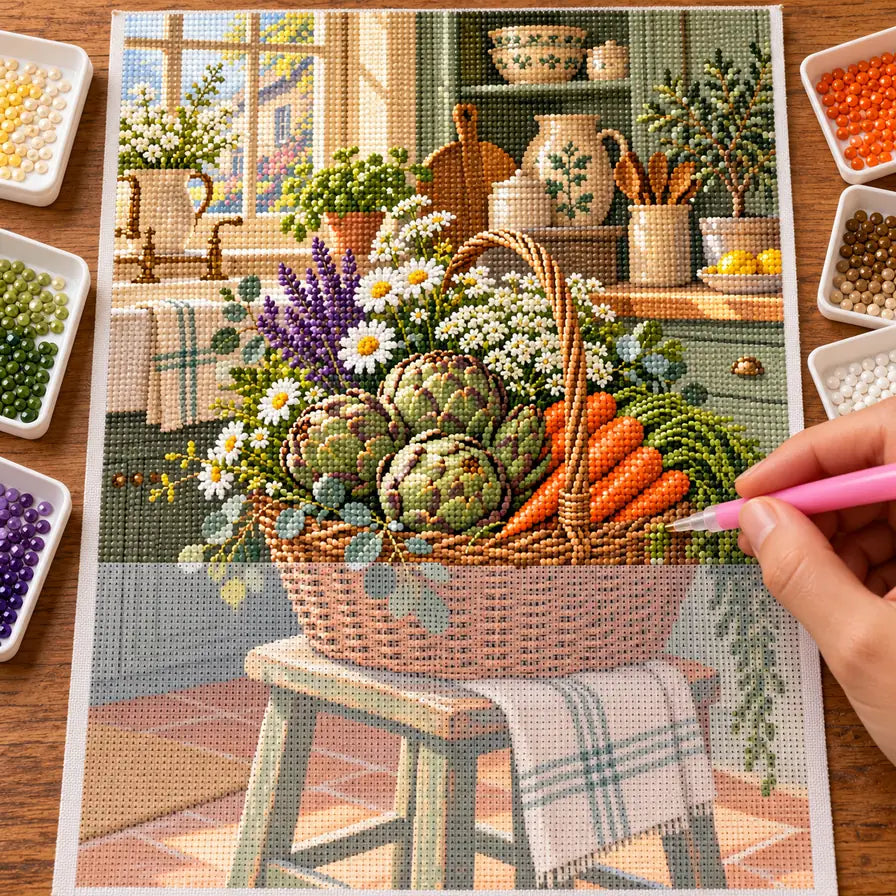 Hands placing drills on the artichoke and carrot harvest basket design