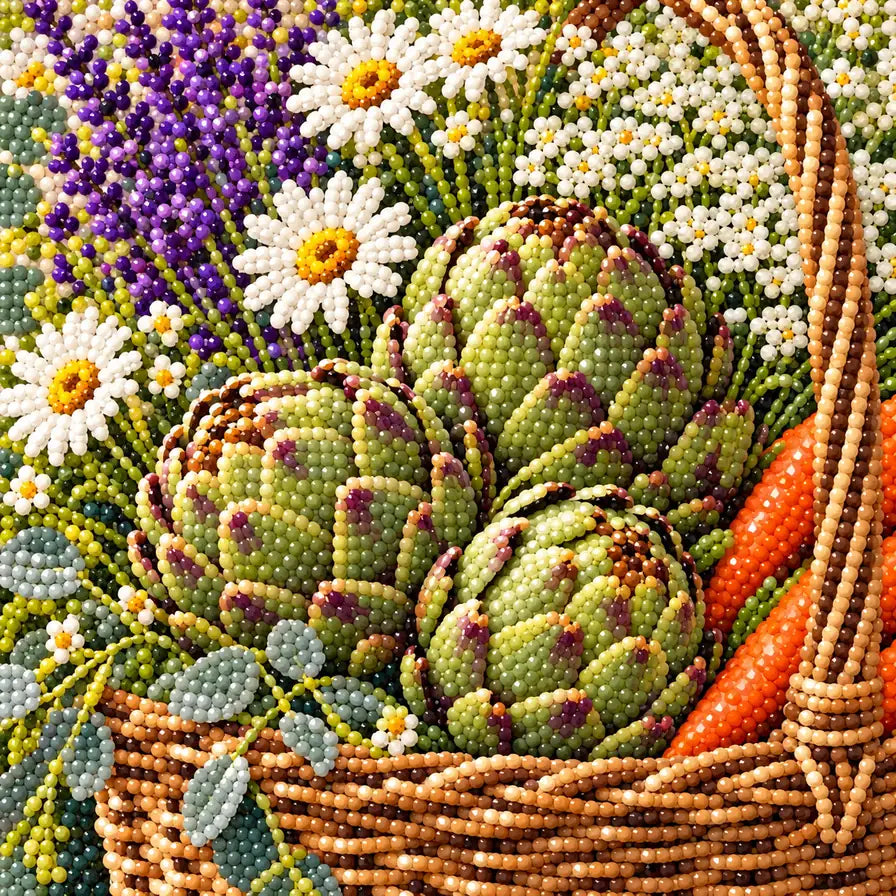 Close-up of diamond drills on artichokes, carrots, and daisies in the basket