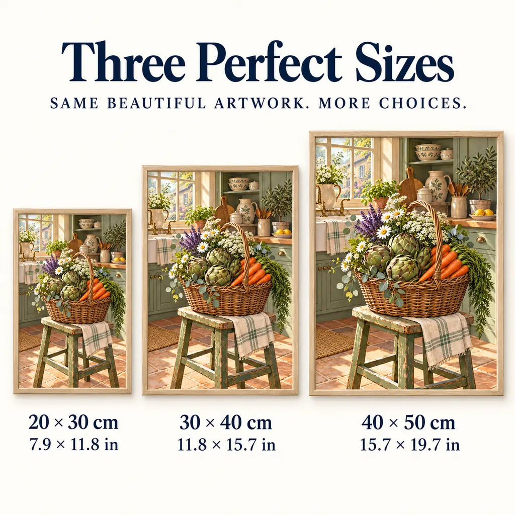 Farmers market basket diamond painting shown in 20 by 30, 30 by 40, and 40 by 50 centimeter sizes