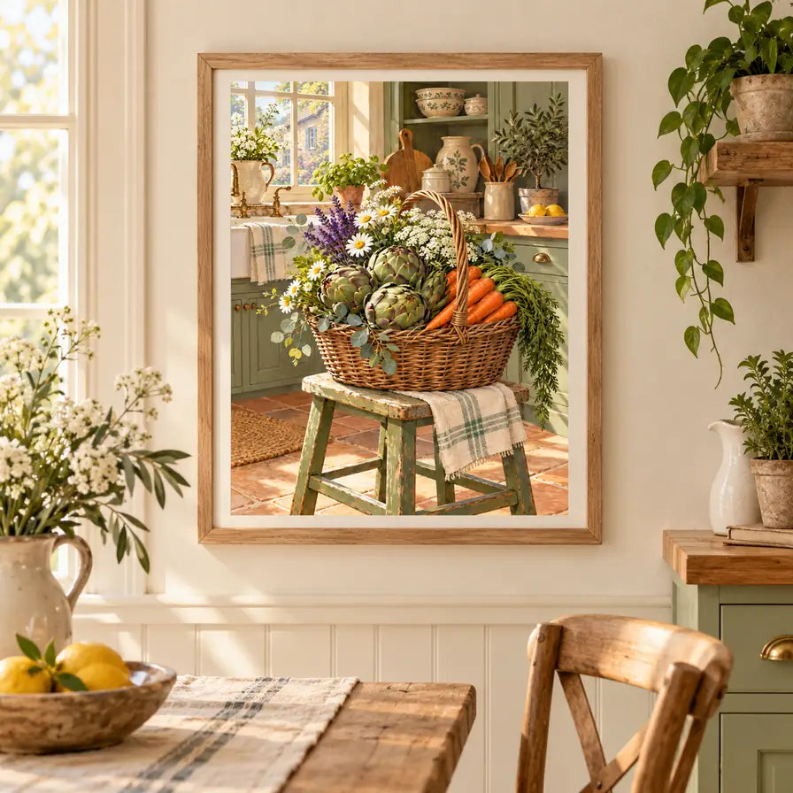 Harvest basket diamond painting displayed in a bright country kitchen