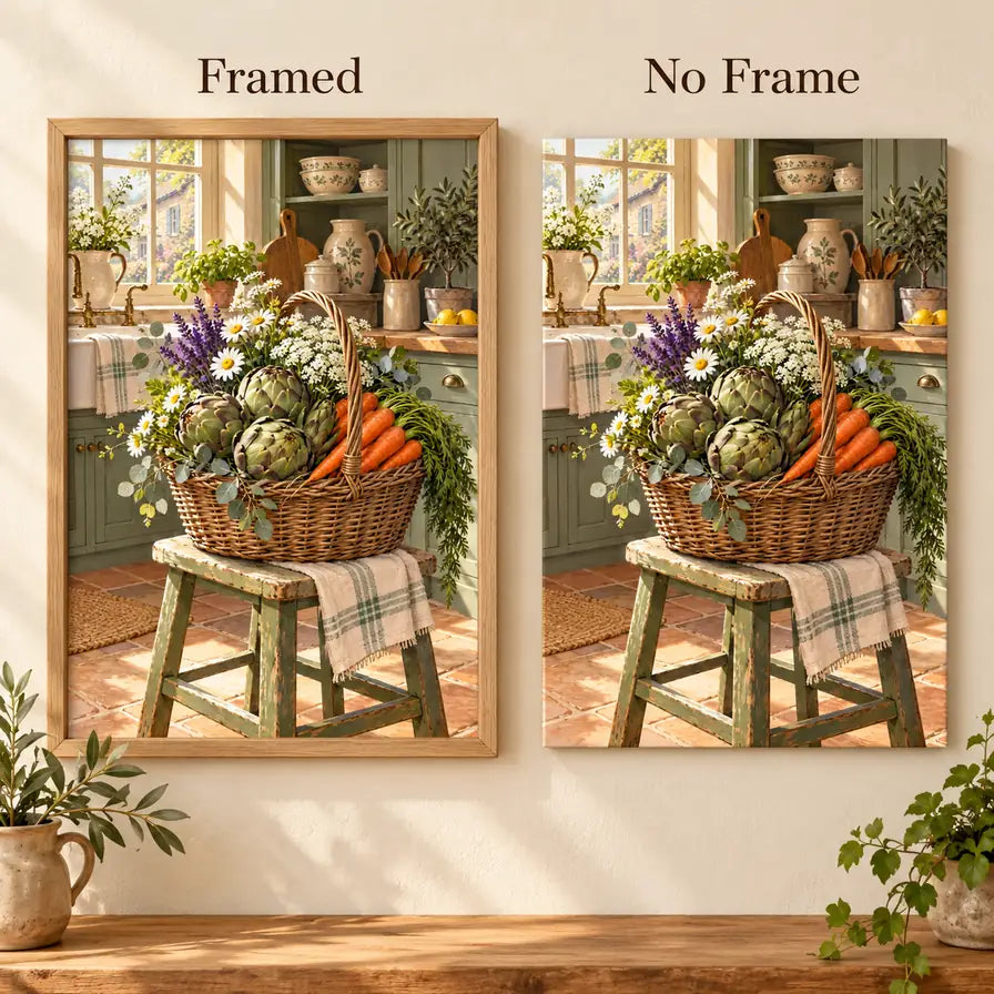 Framed and no-frame options for the farmers market harvest basket diamond painting