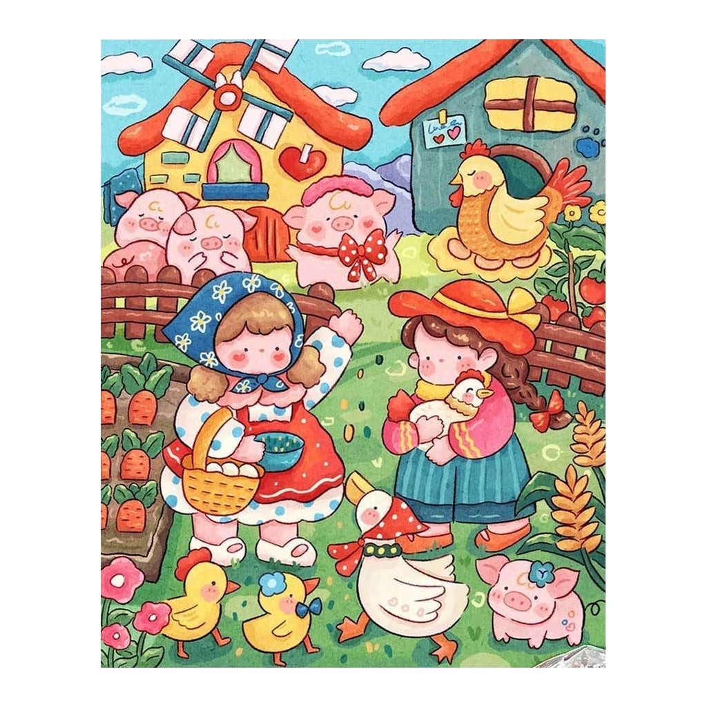 White-background original artwork of children with pigs, ducks, and chickens in a farmyard