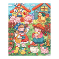 White-background original artwork of children with pigs, ducks, and chickens in a farmyard