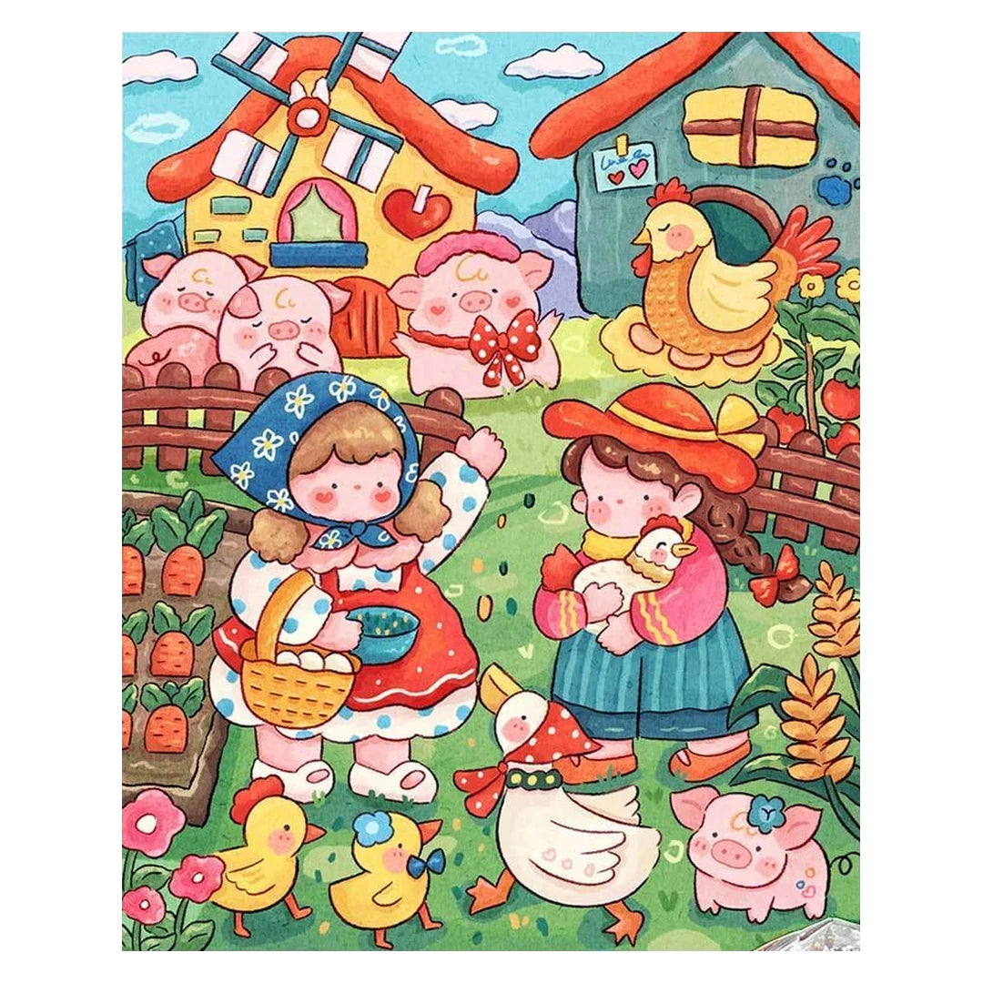 White-background original artwork of children with pigs, ducks, and chickens in a farmyard