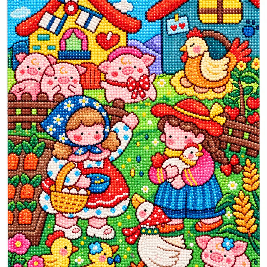White-background finished diamond painting of cheerful farmyard friends