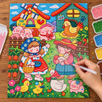 Diamond painting process showing children and farm animals being completed with a stylus