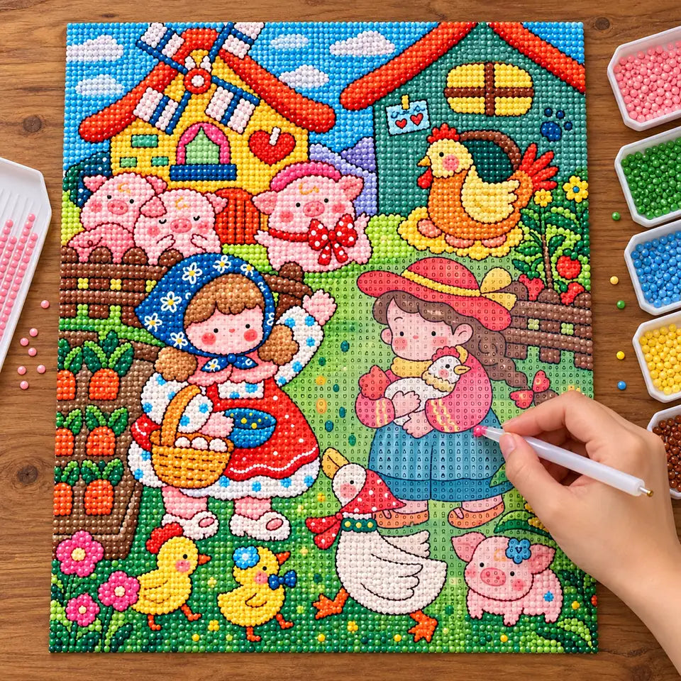 Diamond painting process showing children and farm animals being completed with a stylus