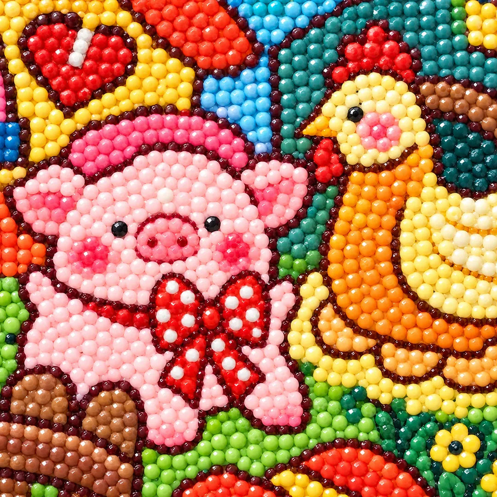 Close-up diamond drill detail of pigs, ducks, and colorful farmyard flowers