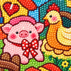 Close-up diamond drill detail of pigs, ducks, and colorful farmyard flowers