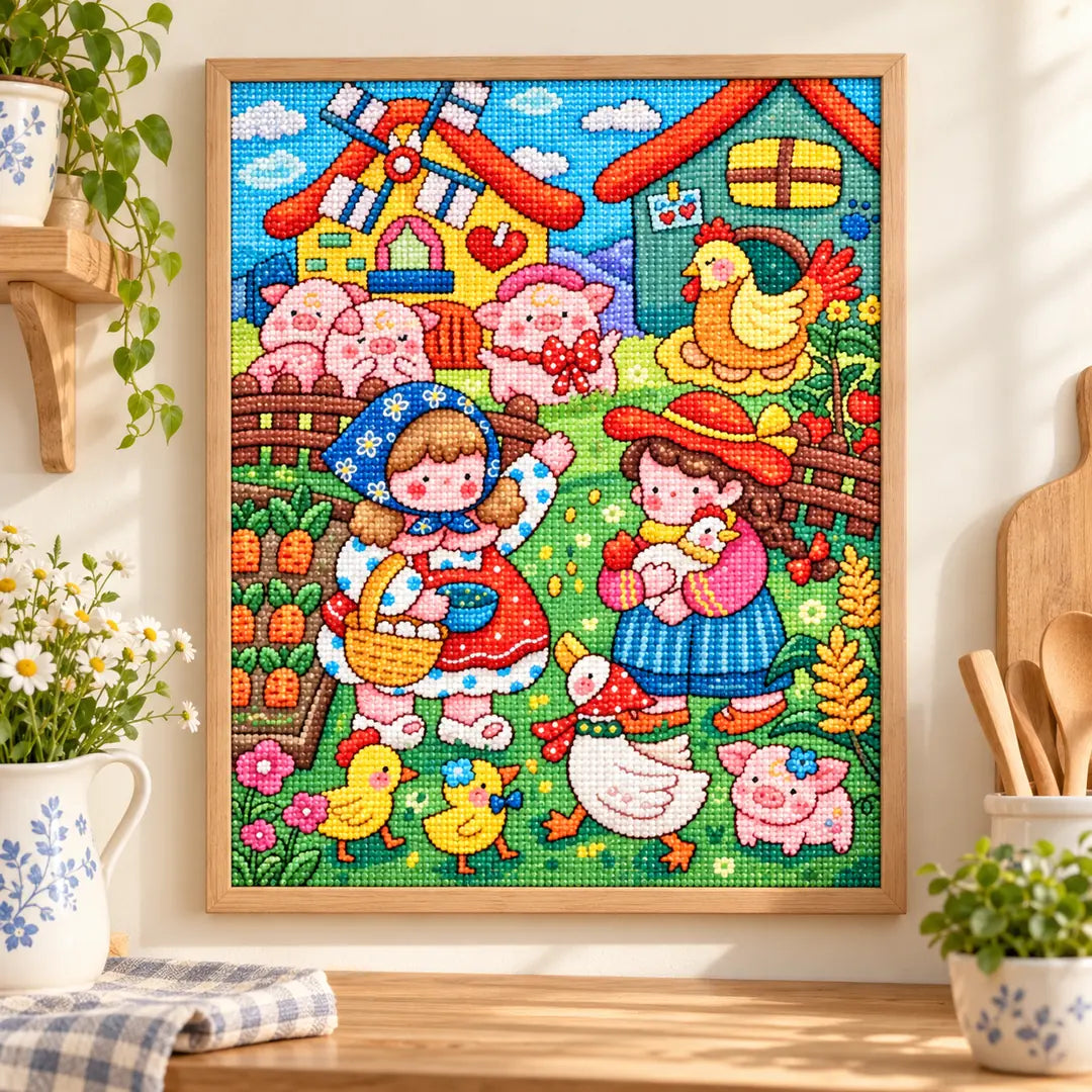 Framed farmyard friends diamond painting displayed as home decor