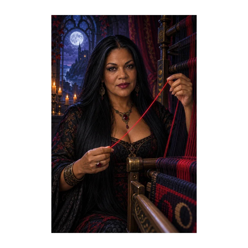 Original design of a fate weaver holding a red thread in a gothic atelier.
