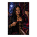 Original design of a fate weaver holding a red thread in a gothic atelier.