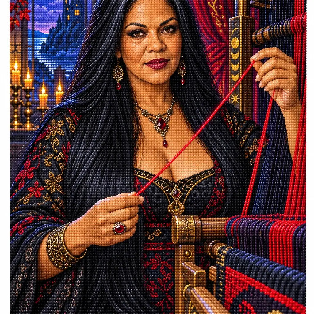 Finished diamond painting of a woman weaving a vivid red thread.