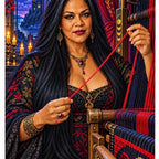 Finished diamond painting of a woman weaving a vivid red thread.