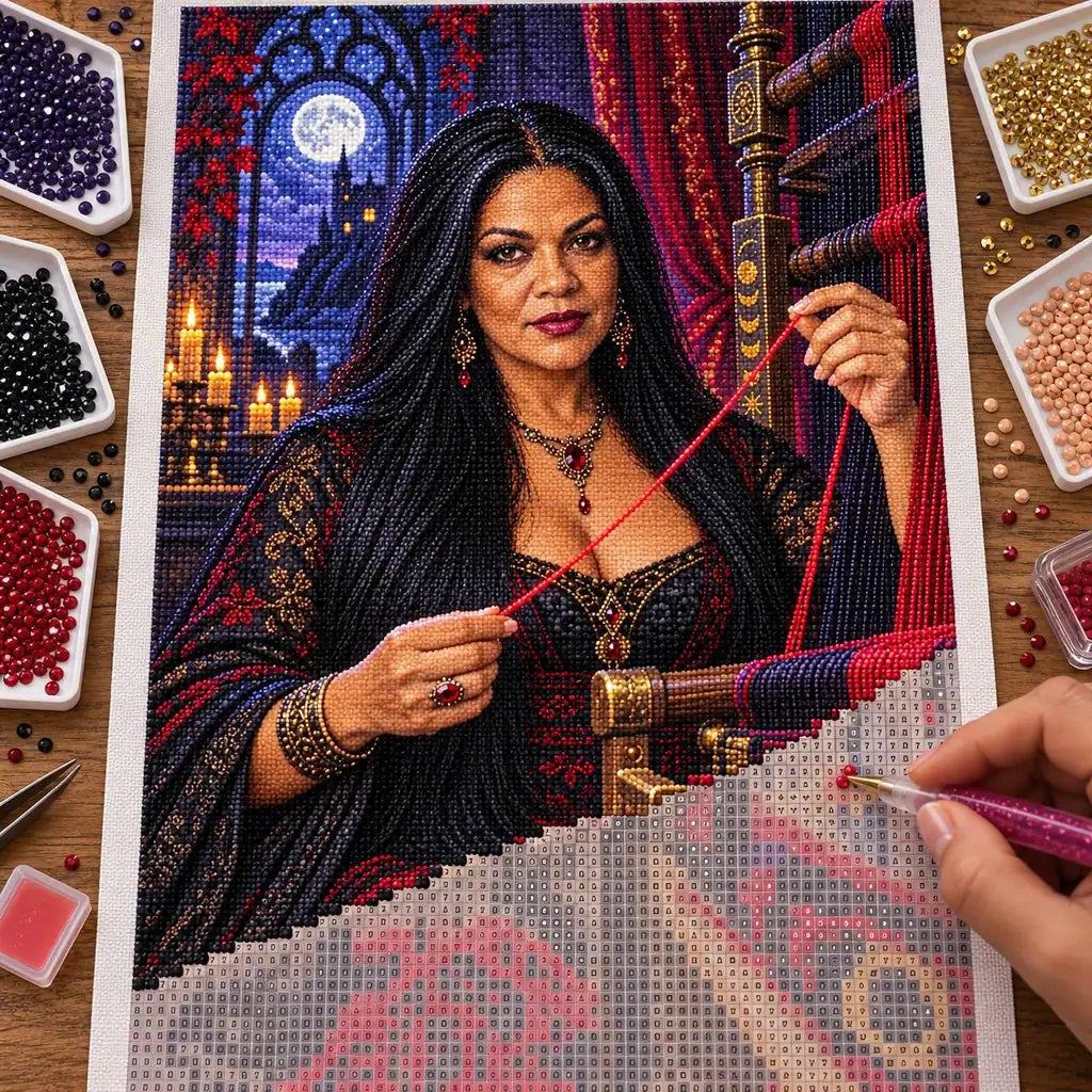 Hand placing drills on the fate weaver diamond painting canvas.