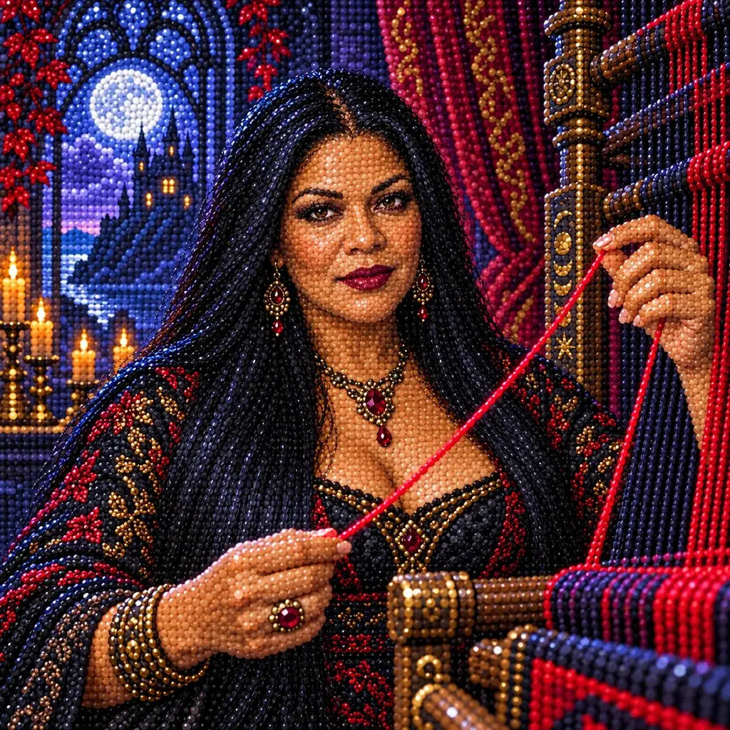 Close-up of sparkling drills across the weaver and vivid red thread.