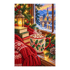 White-background finished diamond painting of Books and Cocoa.